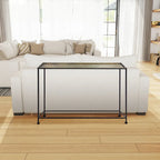 Aurelia 48 Inch Console Sofa Table, Artisanal Hammered Antique Bronze Tray Top, Industrial Black Iron Frame