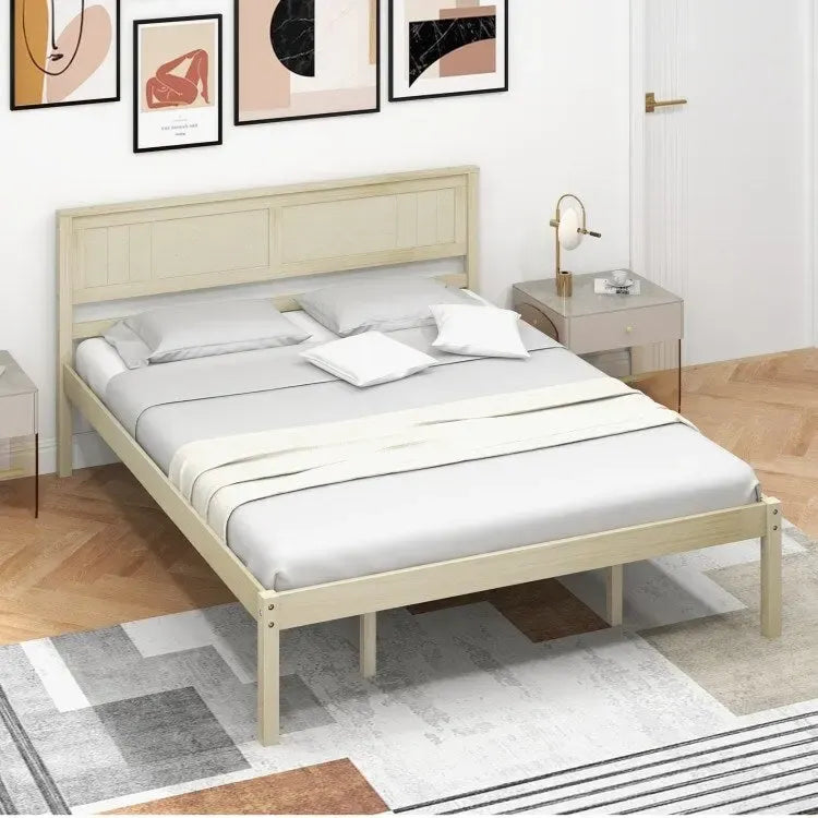 Wooden Bed Frame with Headboard and Slat Support