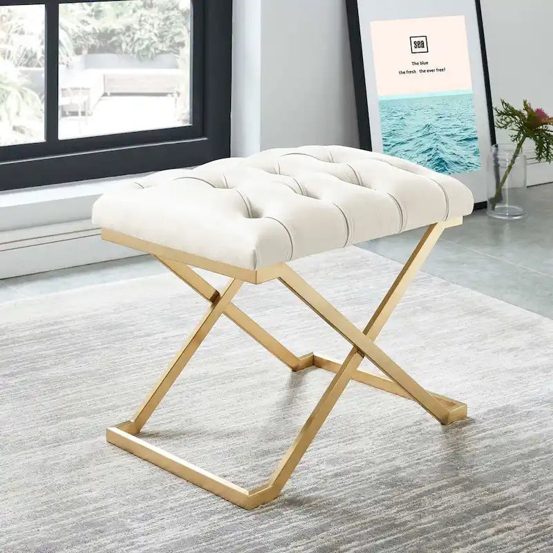 22  Ivory and Gold Contemporary Single Bench with Button Tufting