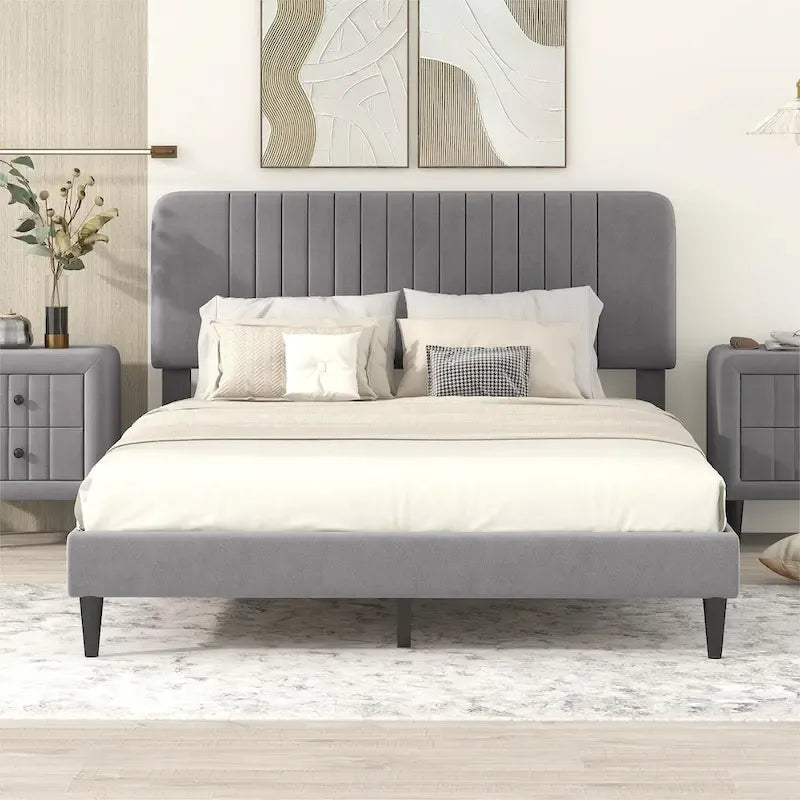 Queen Size Upholstered Platform Bed,No Box Spring Needed, Velvet Fabric