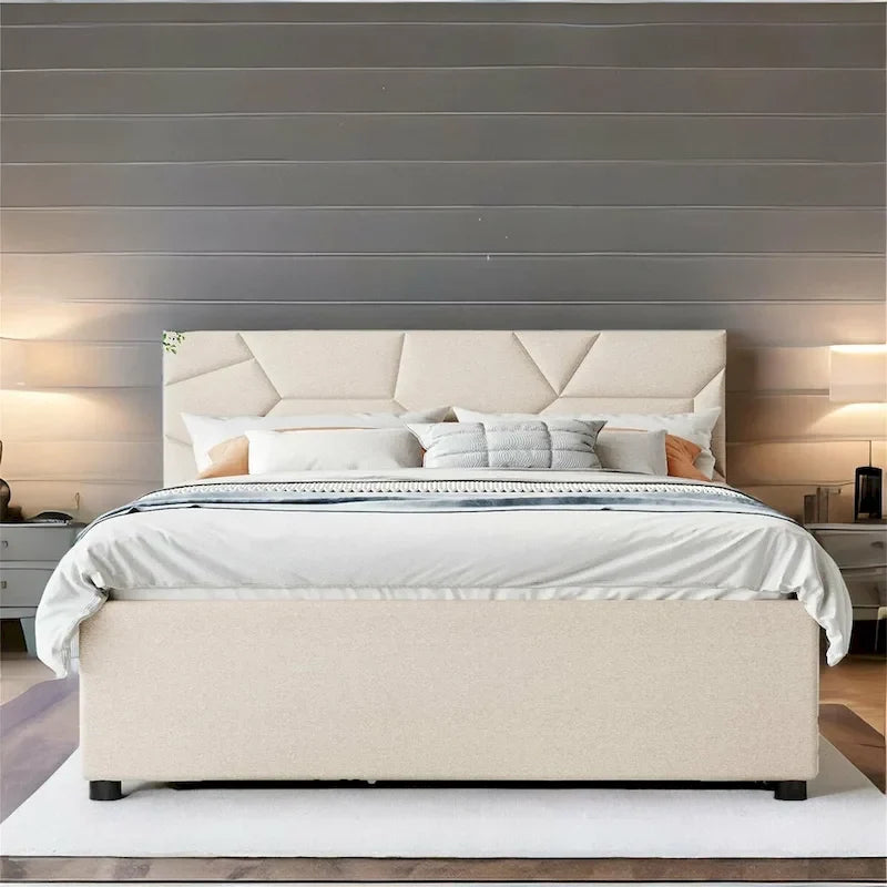 Queen Size Linen Platform Bed with Twin Size Trundle and Drawers