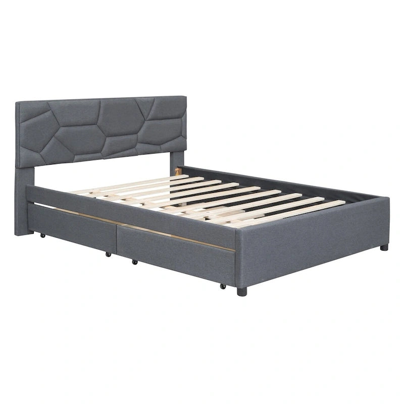 Queen Size Linen Platform Bed with Twin Size Trundle and Drawers