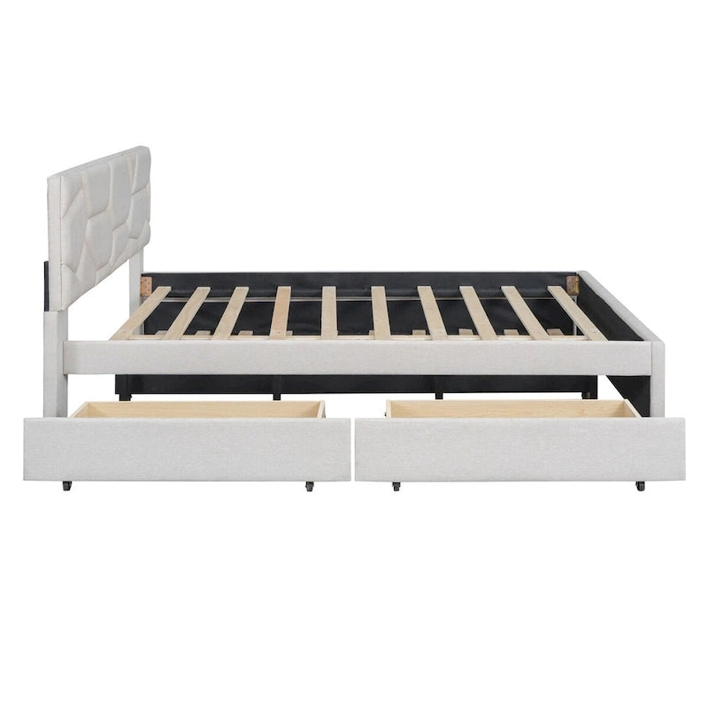 Queen Size Linen Platform Bed with Twin Size Trundle and Drawers