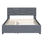 Queen Size Linen Platform Bed with Twin Size Trundle and Drawers
