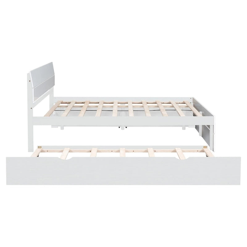 Modern Full Bed Frame With Twin Size Trundle And 2 Drawers