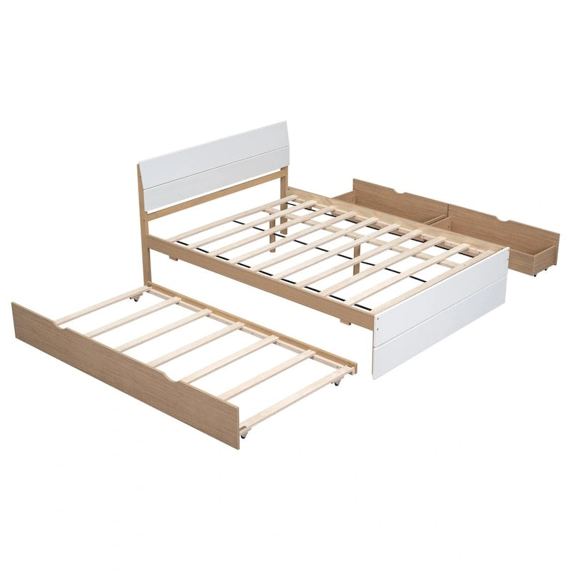 Modern Full Bed Frame With Twin Size Trundle And 2 Drawers