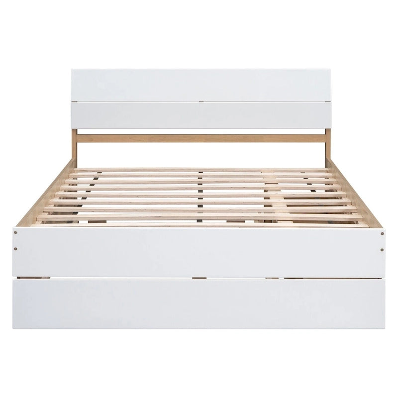 Modern Full Bed Frame With Twin Size Trundle And 2 Drawers
