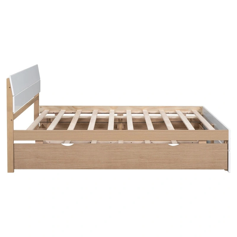Modern Full Bed Frame With Twin Size Trundle And 2 Drawers