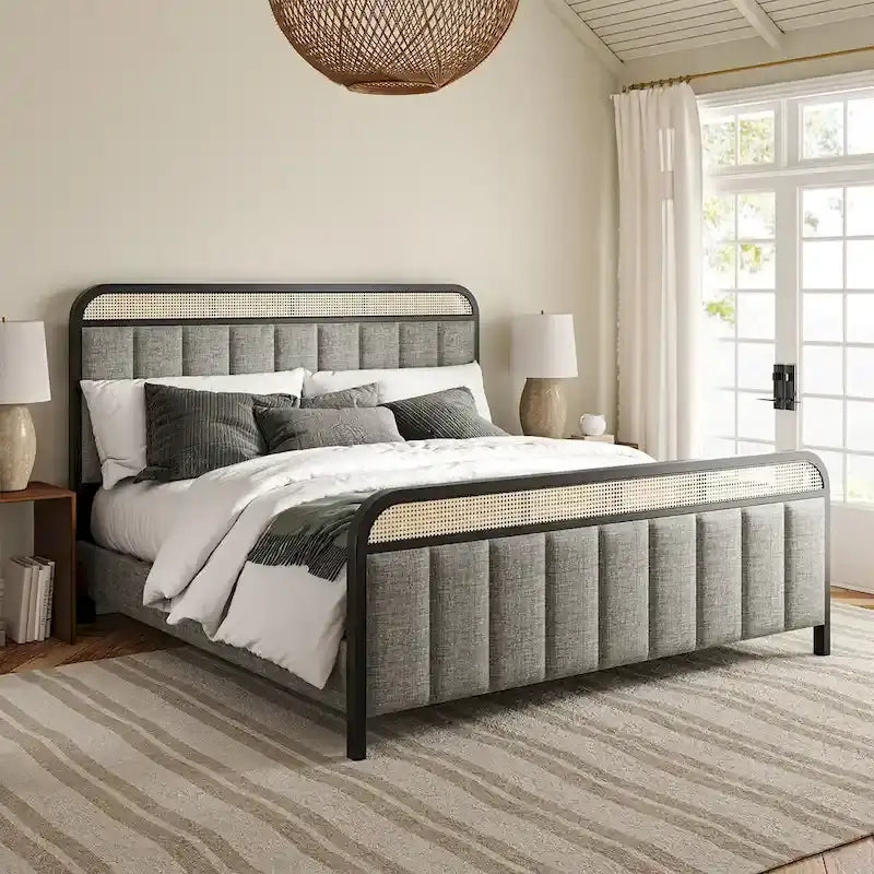 Alphons Modern Solid Wood Frame Ratten Bed with LED Headboard by HULALA HOME