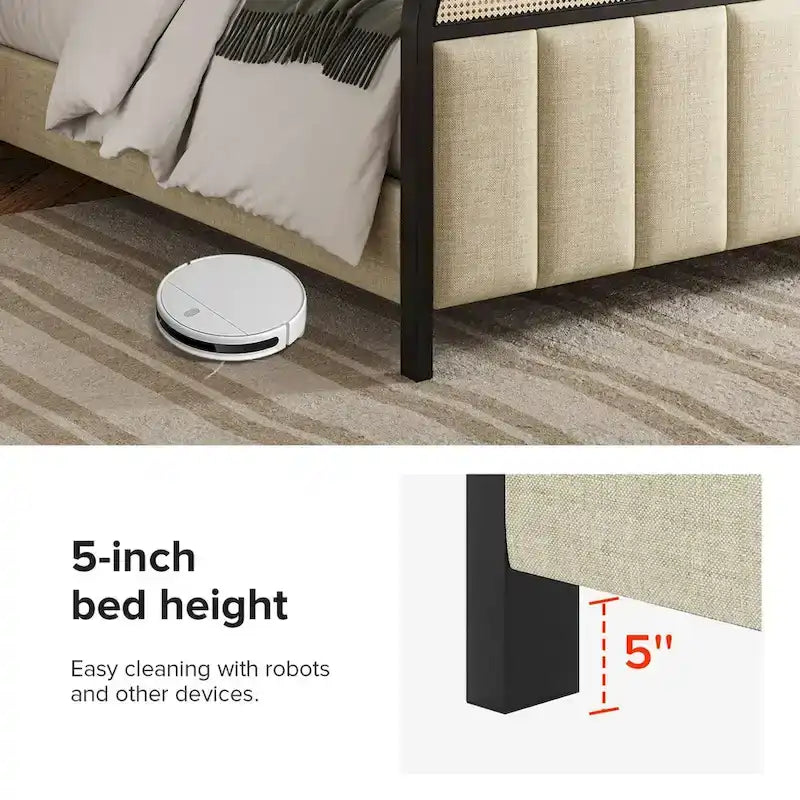 Alphons Modern Solid Wood Frame Ratten Bed with LED Headboard by HULALA HOME