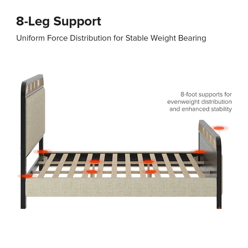 Alphons Modern Solid Wood Frame Ratten Bed with LED Headboard by HULALA HOME