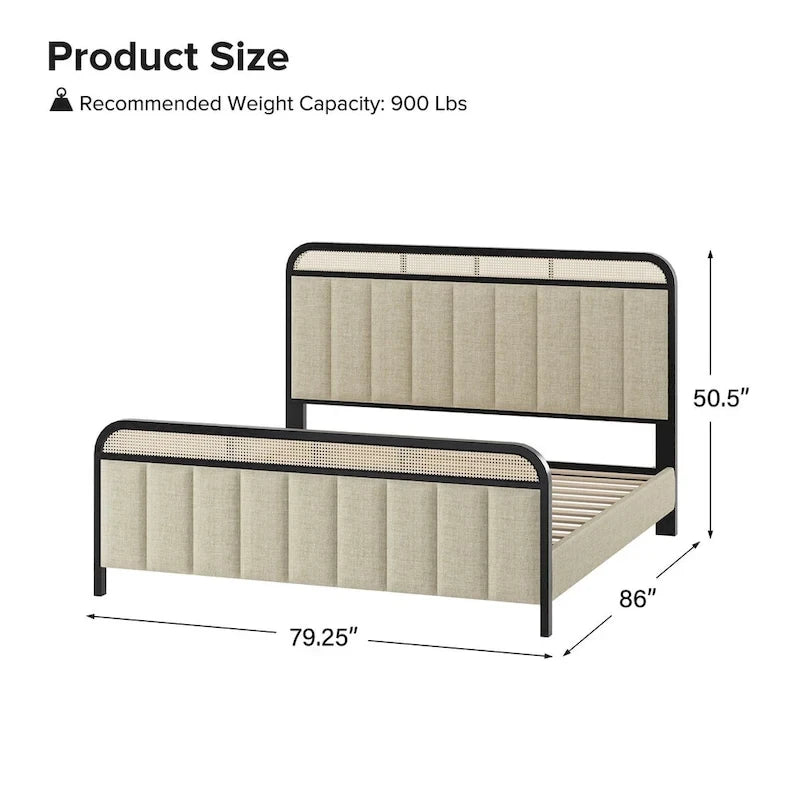 Alphons Modern Solid Wood Frame Ratten Bed with LED Headboard by HULALA HOME