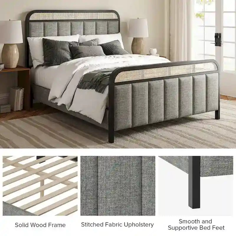 Alphons Modern Solid Wood Frame Ratten Bed with LED Headboard by HULALA HOME