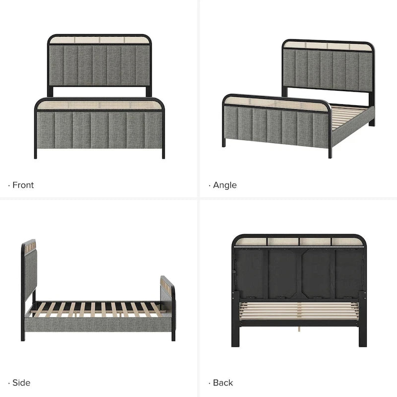 Alphons Modern Solid Wood Frame Ratten Bed with LED Headboard by HULALA HOME