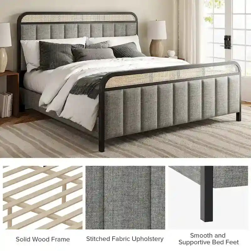 Alphons Modern Solid Wood Frame Ratten Bed with LED Headboard by HULALA HOME