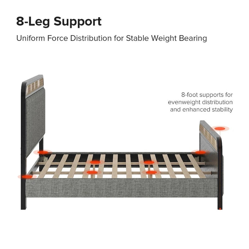 Alphons Modern Solid Wood Frame Ratten Bed with LED Headboard by HULALA HOME