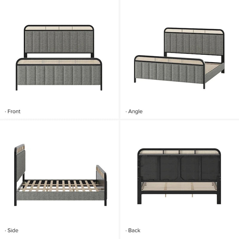 Alphons Modern Solid Wood Frame Ratten Bed with LED Headboard by HULALA HOME