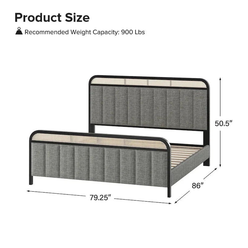 Alphons Modern Solid Wood Frame Ratten Bed with LED Headboard by HULALA HOME