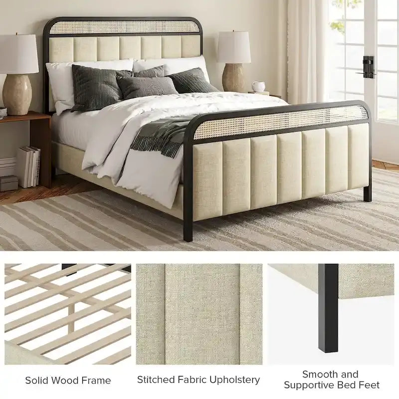 Alphons Modern Solid Wood Frame Ratten Bed with LED Headboard by HULALA HOME