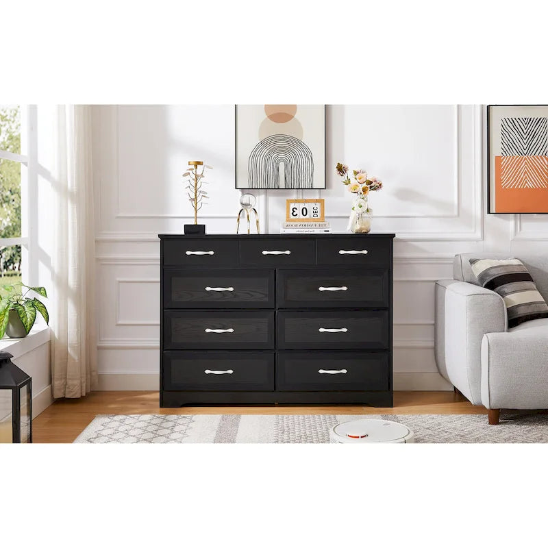 Bedroom Dresser, 9 Drawer Long Dresser with Antique Handles, Wood Chest of Drawers for Kids Room, Living Room, Entry and Hallway
