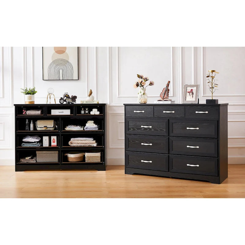 Bedroom Dresser, 9 Drawer Long Dresser with Antique Handles, Wood Chest of Drawers for Kids Room, Living Room, Entry and Hallway
