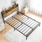 Queen Bed Frame with Storage Headboard, Metal Platform Bed with Charging Station, Bookcase Storage, No Box Spring Needed