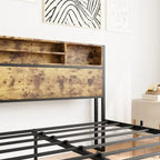 Queen Bed Frame with Storage Headboard, Metal Platform Bed with Charging Station, Bookcase Storage, No Box Spring Needed