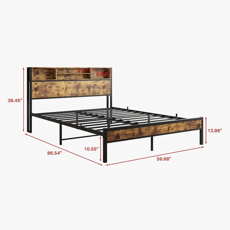 Queen Bed Frame with Storage Headboard, Metal Platform Bed with Charging Station, Bookcase Storage, No Box Spring Needed