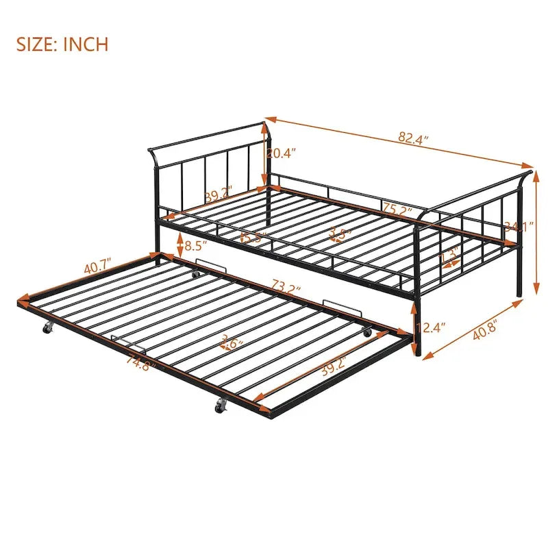 Twin Size Metal Daybed with Curved Handle Design and Twin Size Trundle