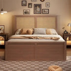 Queen Size Wood Storage Platform Bed with 4 Drawers, Rattan Headboard