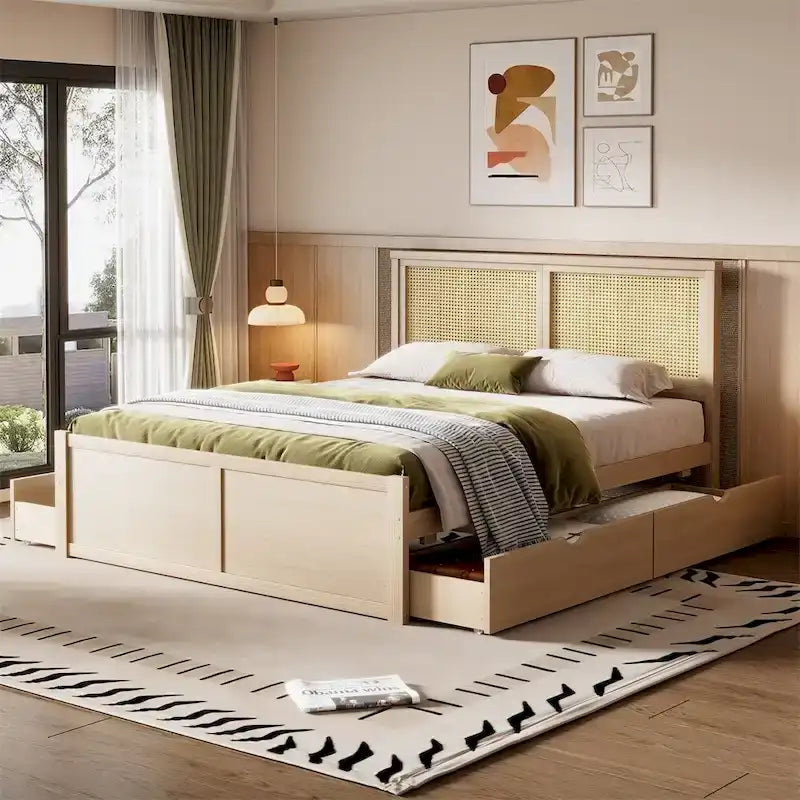 Queen Size Wood Storage Platform Bed with 4 Drawers, Rattan Headboard