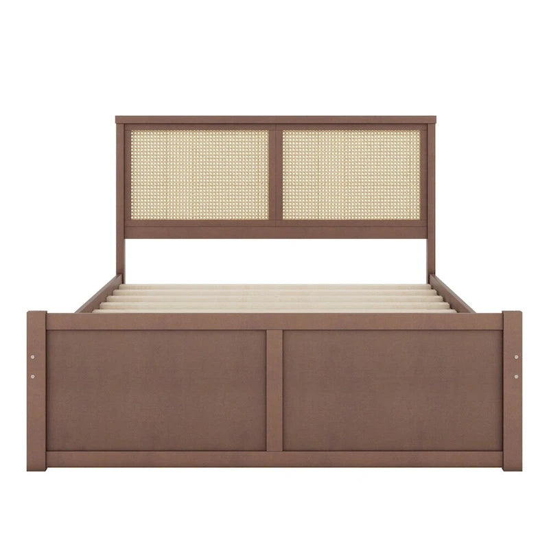 Queen Size Wood Storage Platform Bed with 4 Drawers, Rattan Headboard