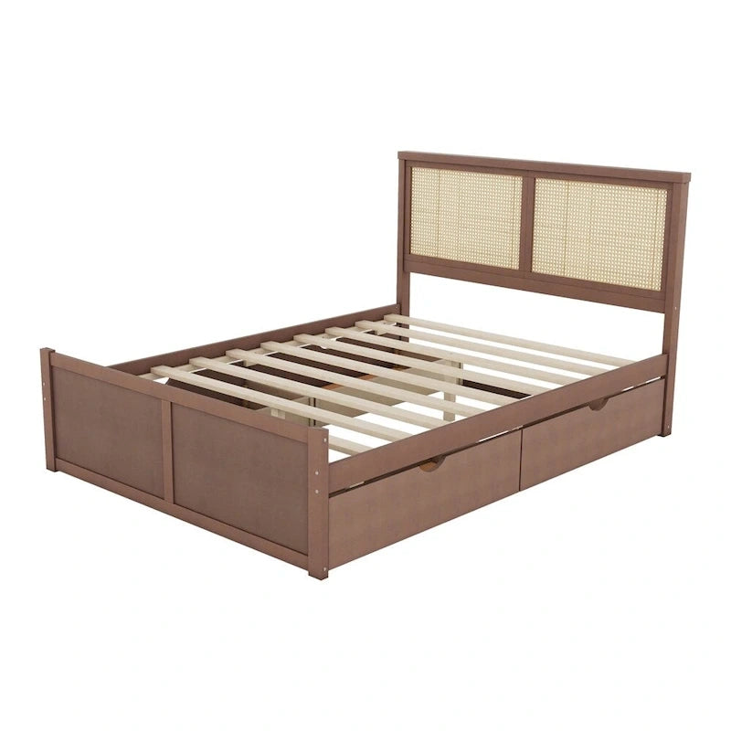 Queen Size Wood Storage Platform Bed with 4 Drawers, Rattan Headboard