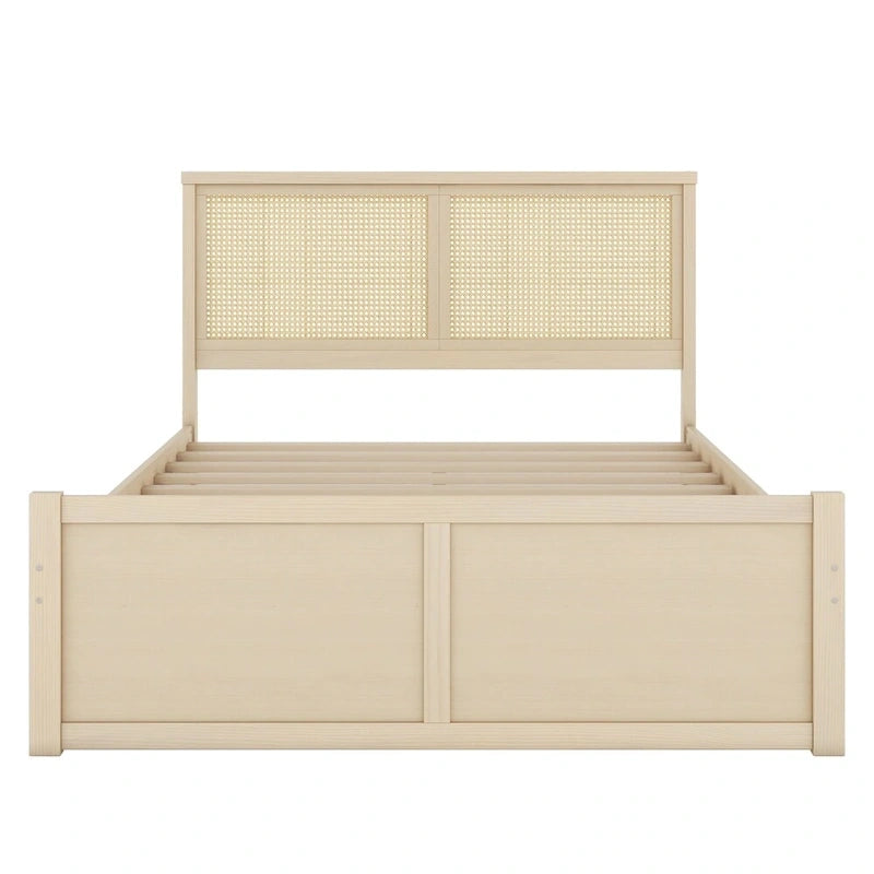 Queen Size Wood Storage Platform Bed with 4 Drawers, Rattan Headboard