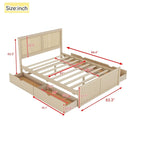 Queen Size Wood Storage Platform Bed with 4 Drawers, Rattan Headboard