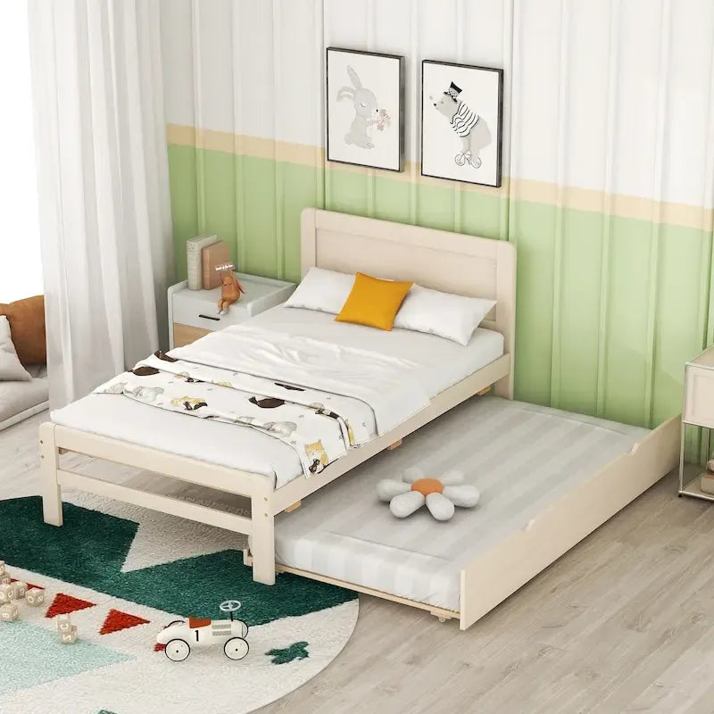 Modern Design Wooden Platform Bed Frame with Trundle