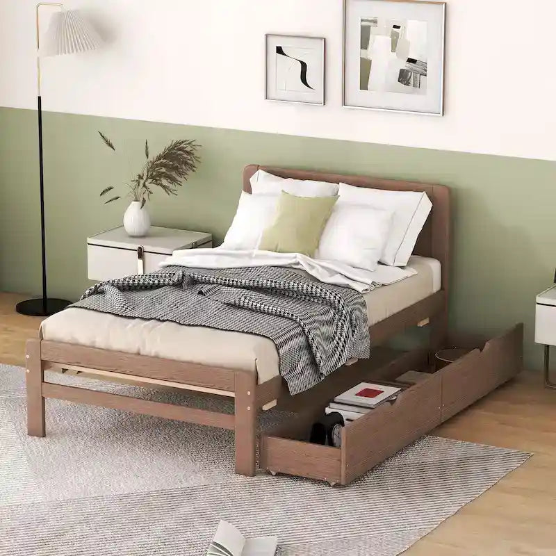 Modern Design Wooden Platform Bed Frame with Trundle