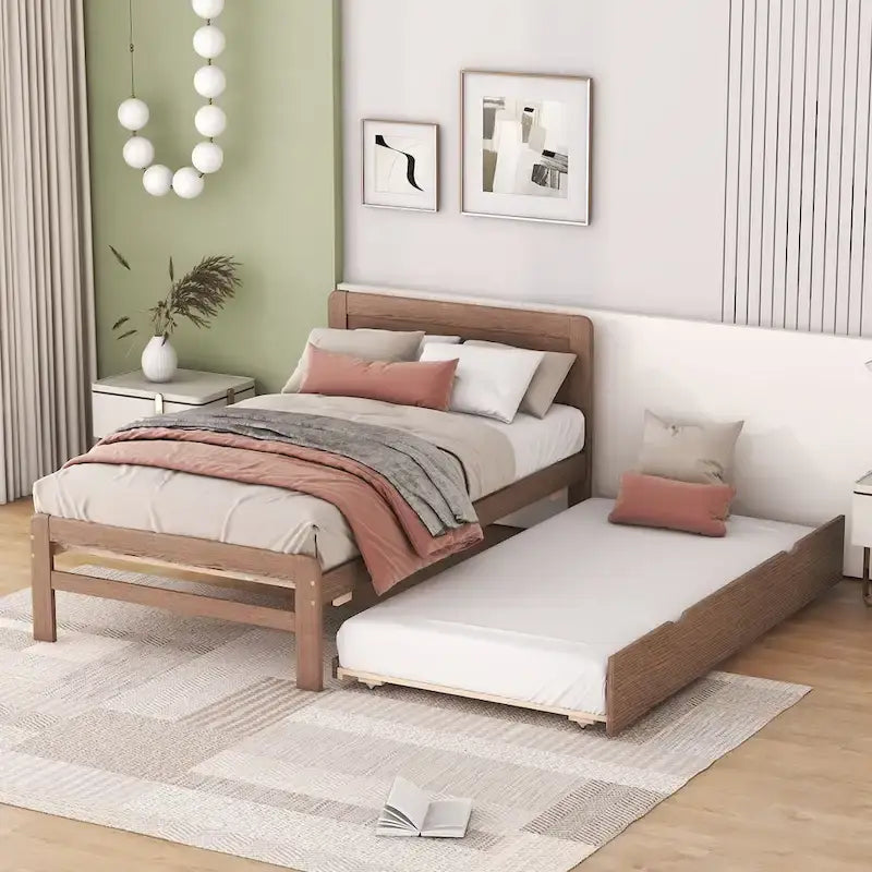 Modern Design Wooden Platform Bed Frame with Trundle
