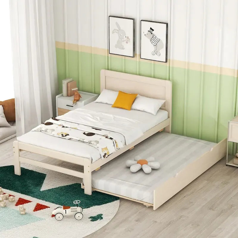 Modern Design Wooden Platform Bed Frame with Trundle