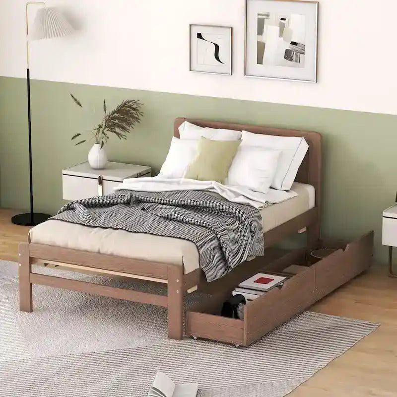 Modern Design Wooden Platform Bed Frame with Trundle