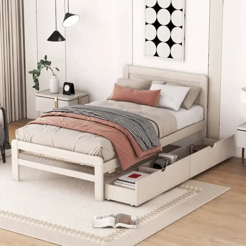 Modern Design Wooden Platform Bed Frame with Trundle