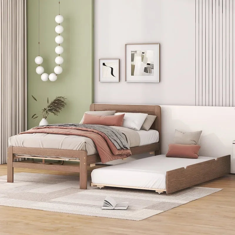 Modern Design Wooden Platform Bed Frame with Trundle