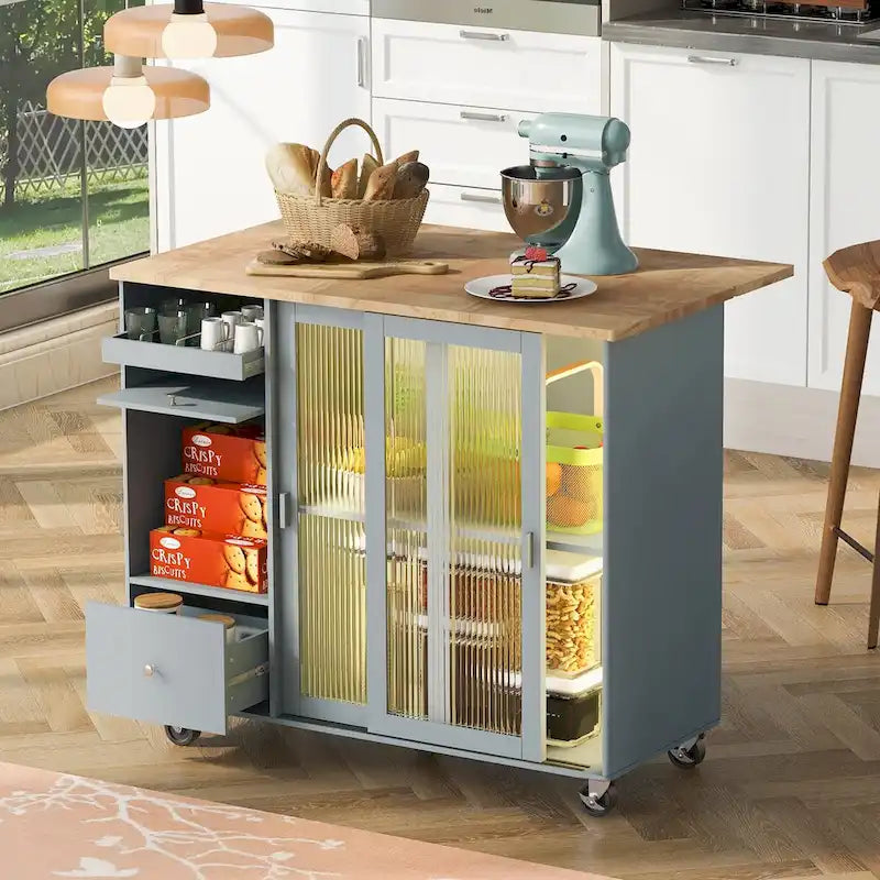 Kitchen Island with Drop Leaf Surface, LED Light, Fluted Glass Doors, Adjustable Shelf, Two Drawers, and Casters