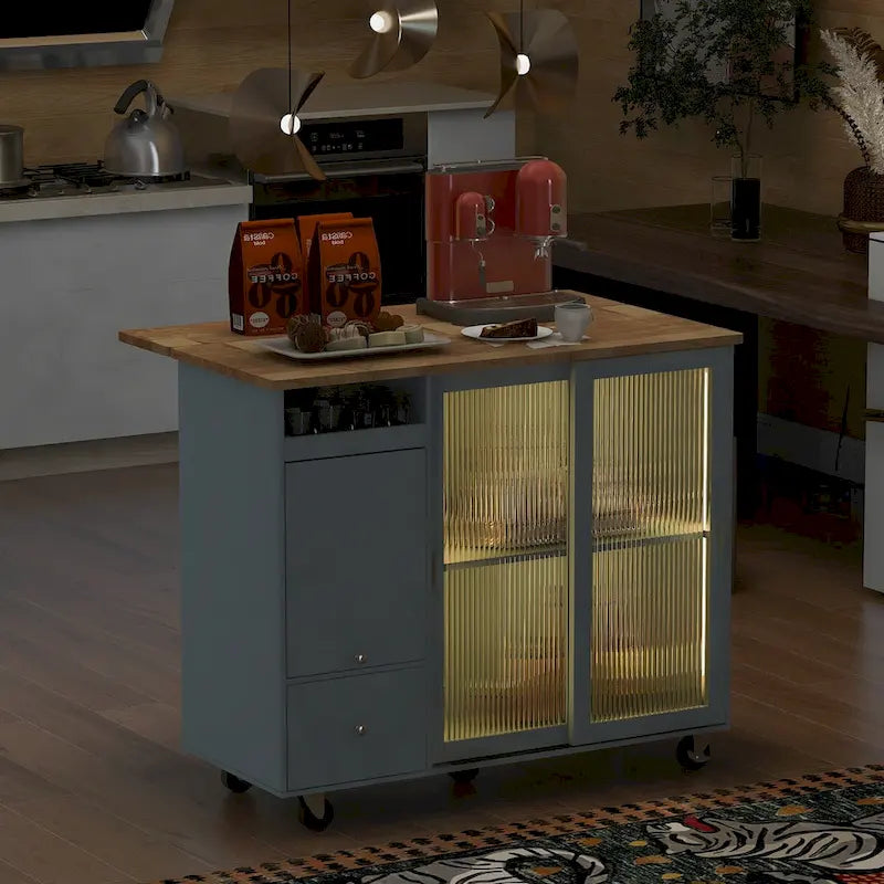 Kitchen Island with Drop Leaf Surface, LED Light, Fluted Glass Doors, Adjustable Shelf, Two Drawers, and Casters