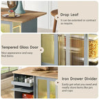 Kitchen Island with Drop Leaf Surface, LED Light, Fluted Glass Doors, Adjustable Shelf, Two Drawers, and Casters