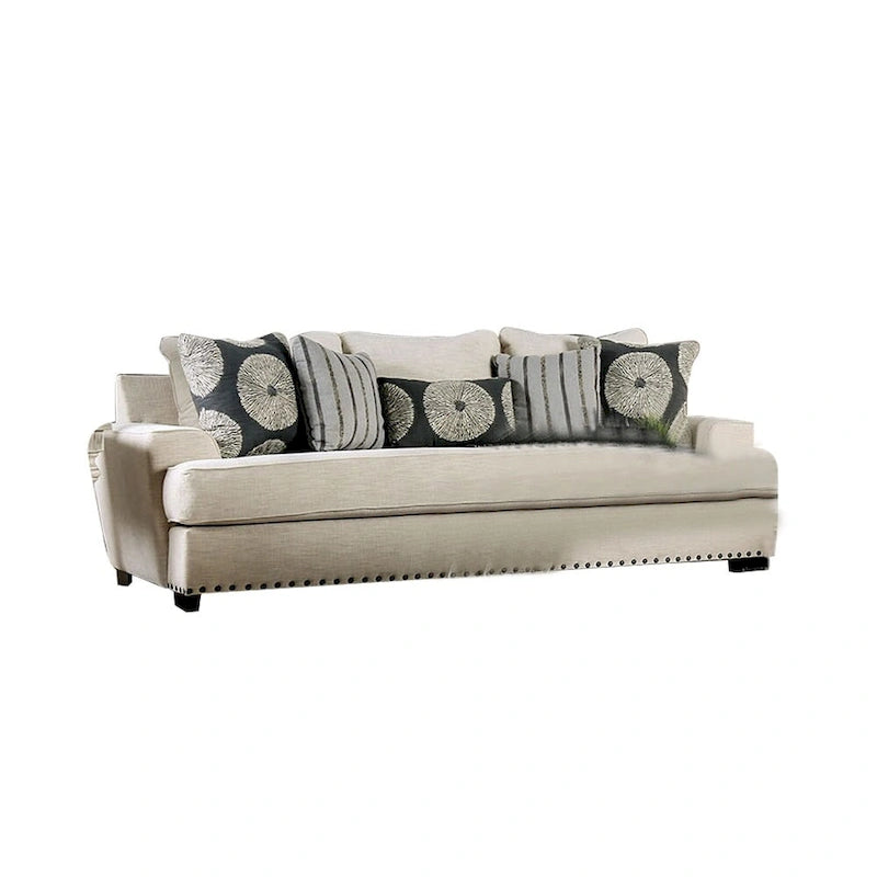 Chenille And Wooden Sofa with Track Arms Design in Ivory