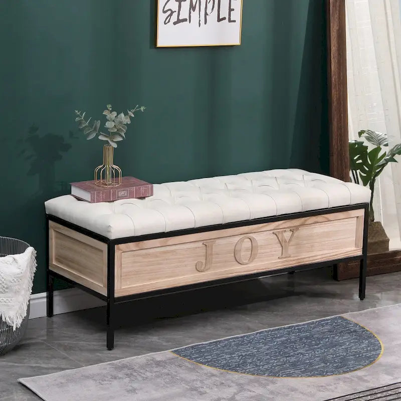 48  Linen Storage Bench: Button-Tufted, Wooden Ottoman for Bedroom, Living Room