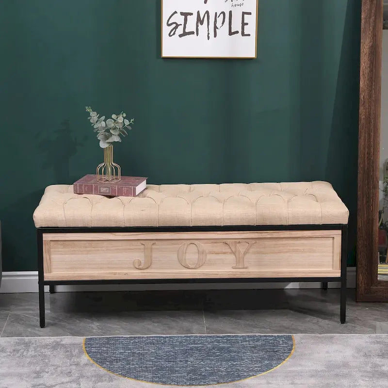 48  Linen Storage Bench: Button-Tufted, Wooden Ottoman for Bedroom, Living Room