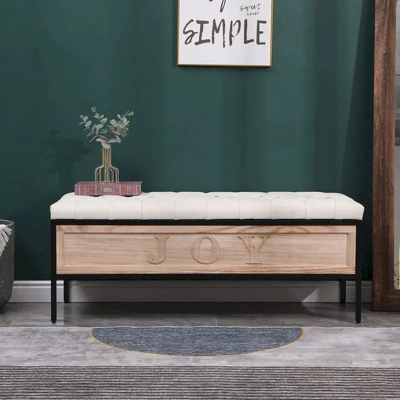 48  Linen Storage Bench: Button-Tufted, Wooden Ottoman for Bedroom, Living Room