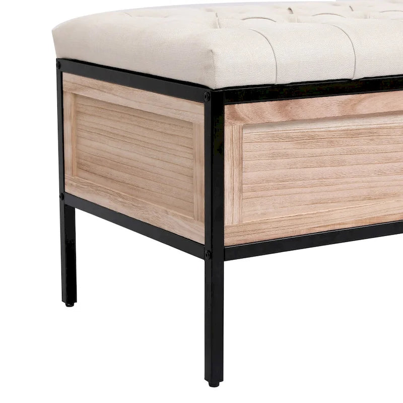 48  Linen Storage Bench: Button-Tufted, Wooden Ottoman for Bedroom, Living Room